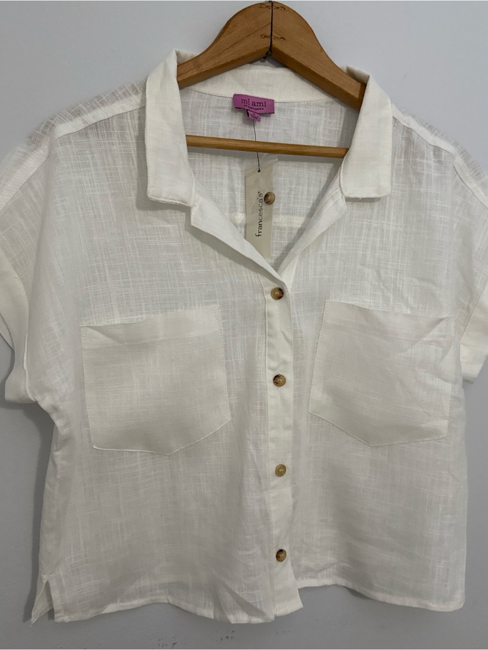 miami Off-White Short-Sleeve Button Front Linen-Blend Relaxed Top Summer
